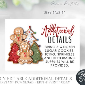 Editable Christmas Additional Details Cards, Christmas Cookie Party Details Card, Additional Details - DIY with Corjl - #CP18, #CP22, #CP50