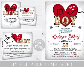 EDITABLE Valentine's Day Baby Shower Bundle - Heartbreaker Baby Shower - Invitation, Diaper Raffle & Books for Baby - DIY with Corjl - #BS12