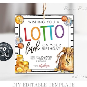 EDITABLE Lotto Birthday Tag, Friend Birthday Gift Tag, Wishing you a LOTTO luck Birthday Tag, Friend Gift Tag, DIY Edit w/Corjl #BC06 (2)
