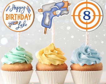 Editable Dart Gun Birthday Party Cupcake Toppers, Foam Dart Shooter Party Decor, Dart Gun War Decor (DIY Corjl Digital Download) #BP167