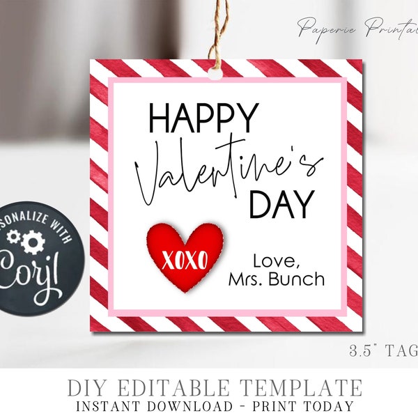 Editable Happy Valentine's Day Tag, Valentine's Day Gift Tag, Valentine Gift Tag, Printable Valentine Tag, DIY Edit with Corjl - #VT48