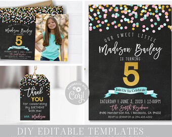 Confetti Birthday Invitation Bundle: Photo, Thank You, Favor Tags (DIY Editable Corjl) #BP81
