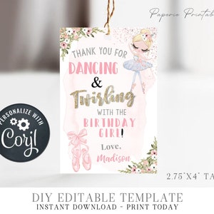 EDITABLE Ballerina Birthday Party Favor Tags, Ballerina Party Favor Tags, Favor Tags Printable Template, DIY Edit with Corjl - #BP30