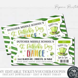 EDITABLE St. Patrick's Dance Tickets, St. Patrick's Day Dance Tickets, School Dance Ticket, St. Patties Day Dance Ticket - DIY Corjl #SPF09