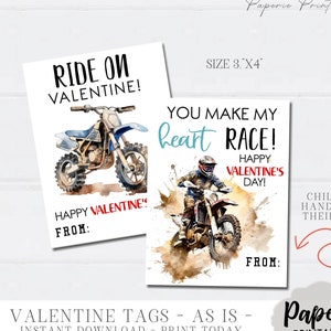 Motocross Valentine Tags, Kids Valentine Cards, Dirt Bike Valentine Cards, Boy Valentine Printables, AS-IS Tags - Instant Download - #VT112