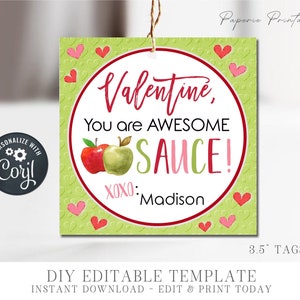 Editable Valentine Tags, You are AWESOME Sauce Valentine Tags, Main Squeeze Valentine Cards, School Valentine Card - DIY Corjl #VT28