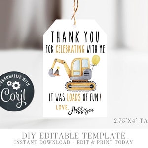 EDITABLE Construction Birthday Party Favor Tags - DIY Party Favor Tags - Construction Party Favor Tags - DIY Edit with Corjl - #BP47 #BP48