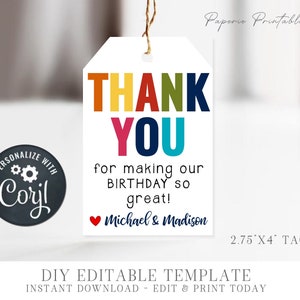 Editable Thank You Tag, Birthday Party Favor Tag, Primary Colors Minimalistic Birthday Tag, Thank You Party Favor Tag - #BP80 #BP52 #BP78