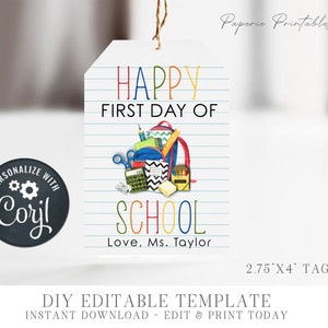 Editable First Day of School Gift Tag: Printable Teacher Tag (Corjl)