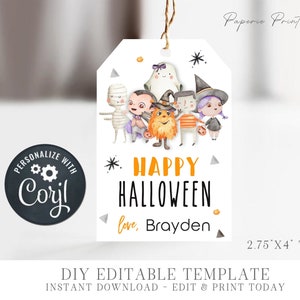 EDITABLE Halloween Tag - Printable Halloween Favor Tags - Happy Halloween Treat Tags - Halloween Treats Bag Tags - Edit with Corjl - #HT07