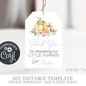 EDITABLE Pumpkin Baby Shower Favor Tags - Fall Baby Shower Thank You Tag - Boho Baby Shower - DIY  Party Favor Tags - Edit with Corjl- #BS73