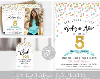 Confetti Birthday Invitation Bundle: Photo, Thank You, Favor Tags (DIY Corjl) #BP81