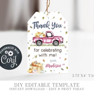 EDITABLE Fall Birthday Party Favor Tags - Pumpkin Birthday Party Thank You Tag - Fall Vintage Truck Party Favor Tags- Edit with Corjl -#BP09
