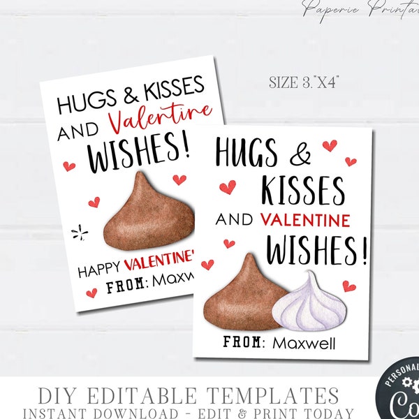 EDITABLE Hugs & Kisses Valentine Cards, Kid Valentine Cards, School Valentine Tags, Hugs Kisses Tags, Printable Valentines, DIY Corjl #VT63