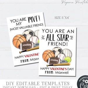 EDITABLE Valentine Cards for Kids, All Star Valentine Cards, Sports Valentine Tags, Valentine Cards Printable, DIY with Corjl - #VT43(3)