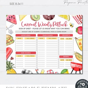 Editable Potluck Sign Up Sheet: BBQ, Work, Neighborhood (DIY w Corjl) #COP06