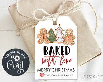 May include: Printable Christmas gift tags featuring gingerbread people and Christmas trees with the text "Baked with love" and "Merry Christmas". The tags are 2.75 inches by 4 inches.