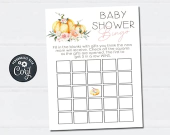 May include: Printable baby shower bingo card with a fall theme. The card features a watercolor illustration of pumpkins and flowers. The text on the card reads "Baby Shower Bingo".