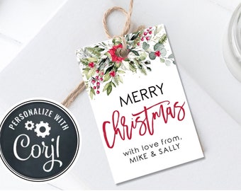 May include: A printable Christmas gift tag with a watercolor design of red berries, green leaves, and a red poinsettia. The text reads "Merry Christmas with love from, MIKE & SALLY".