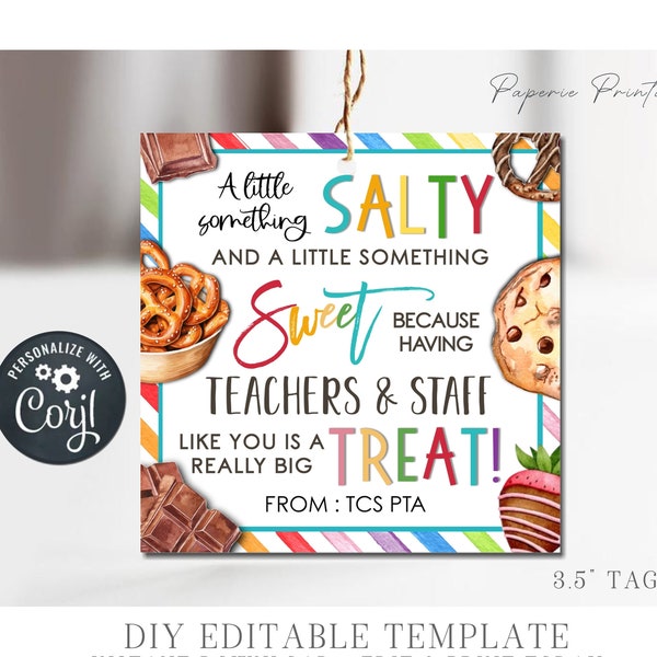 EDITABLE Teacher Appreciation Gift Tag, Sweet & Salty Teacher Appreciation Tag, Teacher Treats Thank You Tags, DIY Edit with Corjl, #STG71