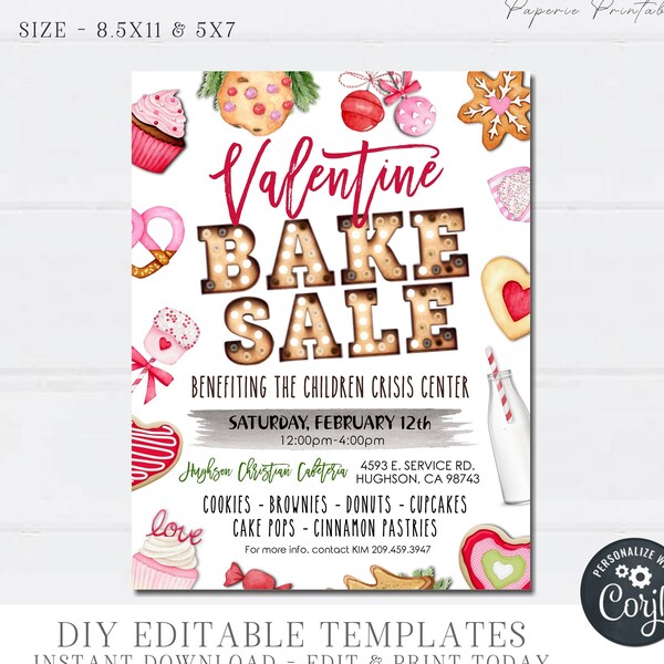 EDITABLE Valentine Bake Sale Flyer, Valentine School Bake Sale Flyer, Valentine Sale Event, Valentine Cookie Flyer - DIY with Corjl - #VP14