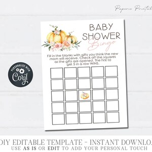 EDITABLE Little Pumpkin Bingo Baby Shower Game - Bingo Baby Shower Game - Fall Baby Shower Bingo Game Cards - Editable o Usar TAL CUAL - #BS73