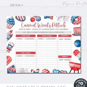 Editable 4th of July Potluck Sign Up Sheet (Digital Download)