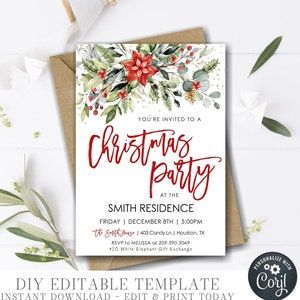 EDITABLE Christmas Party Invitation Template - Holiday Party Invitation - Christmas Floral Party Invite  - DIY Edit with Corjl - #CP49