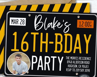 License Plate Birthday Invitation: Editable Sweet 16, DIY Corjl (Digital Download) #BP75