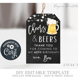 Cheers and Beers Birthday Favor Tag: Editable DIY Template (Digital Download) #BP122
