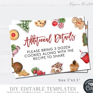 Editable Christmas Additional Details Cards - Christmas Cookie Party Details Card - Additional Details Template - DIY Corjl - #CP59 #CP58