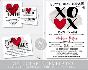 EDITABLE Valentine's Day Baby Shower Bundle - A Little Heartbreaker Shower - Invitation, Diaper Raffle & Books for Baby - DIY Corjl- #BS13