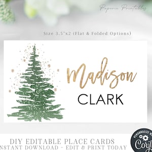 Editable Christmas Place Cards, Holiday Place Cards, Christmas Place Card Template, Gold Foil Script Place Card, DIY Corjl #CP53 #CP56 #CP66