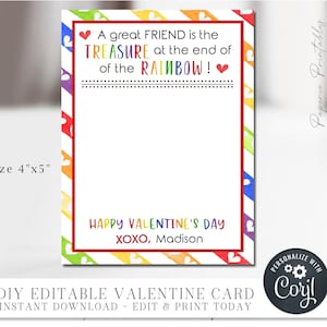 Editable Valentine Treasure at the end of the Rainbow Valentine Cards, Kids Valentine Cards, School Valentine Cards, DIY with Corjl - #VT29