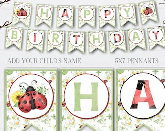 EDITABLE Ladybug Birthday Decorations,  Happy Birthday Banner, Ladybug Pennant Banner, Size 5"x7" - DIY Banner - Edit with Corjl - #BP118