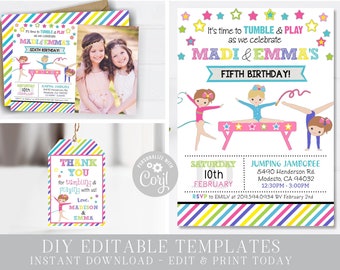 May include: Printable invitation for a fifth birthday party with a gymnastics theme. The invitation features a pink, yellow, blue, and green striped background with stars and the text "It's time to TUMBLE & PLAY as we celebrate MADI & EMMA'S FIFTH BIRTHDAY!" The invitation also includes a picture of three girls doing gymnastics on a balance beam.