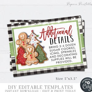 Editable Cookie Decorating Party, Additional Details Cards, Christmas Party Details Card, Buffalo Plaid Christmas Card - DIY Corjl - #CP18
