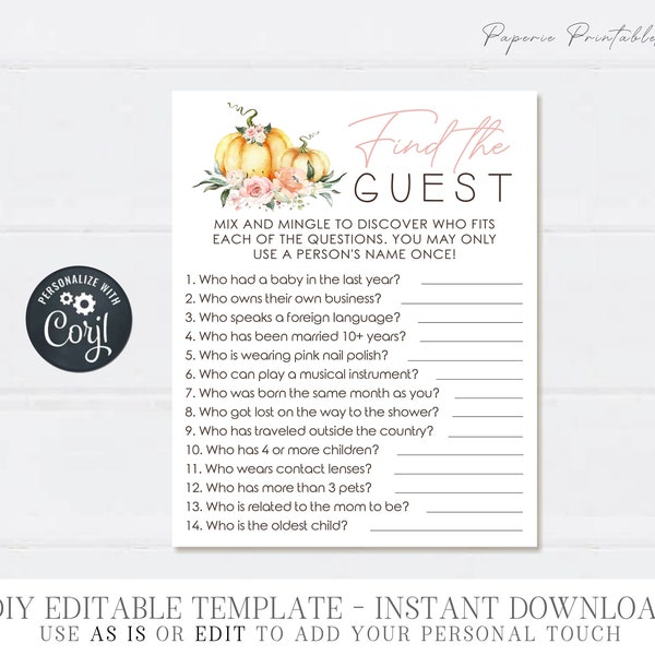 EDITABLE Find the Guest Baby Shower Game - Pumpkin Find the Guest - Fall Little Pumpkin Party Game - Printable - Editable or Use AS IS-#BS73