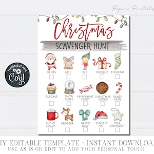 EDITABLE Christmas Scavenger Hunt, Kids Christmas Game Printable, Printable Christmas Scavenger Hunt, Game - Editable or Use AS IS - #CG01