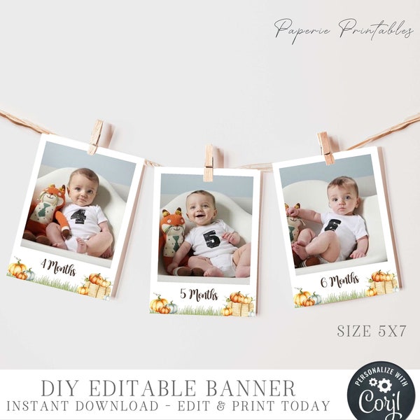 EDITABLE Little Pumpkin Baby's First Year Photo Banner - First Year Photo Banner - Fall Baby Photo Banner Size 5"x7" - DIY Corjl-#BP72 #BP73
