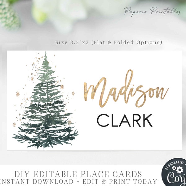 Editable Christmas Place Cards, Holiday Place Cards, Christmas Place Card Template, Gold Foil Script Place Card, DIY Corjl #CP53 #CP56 #CP66