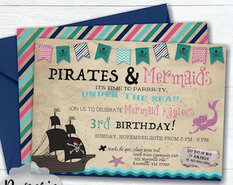 May include: A printable invitation for a pirate and mermaid themed birthday party. The invitation features a pirate ship and a mermaid with the text "Pirates & Mermaids It's time to parrr-ty, Under the Sea!! Join us to celebrate Mermaid Kaylee's 3rd Birthday! Sunday, November 20th from 3 PM - 5 PM. Marks the spot: Elmer Brine Pool, South Knox Community Ctr, 522 Maryville Pike, Knoxville, TN 37920. Say yay or nay to Amanda 863-806-3284. Proof ready within 24 hours."
