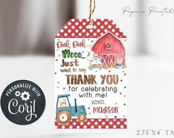 EDITABLE Farm Birthday Party Favor Tags - Barnyard Birthday Thank You Tag - DIY Farm Birthday Party Favor Tags - Edit with Corjl - #BP05