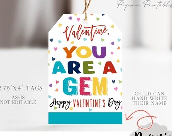 Könnte beinhalten: Druckbare Valentinstag-Geschenk-Etiketten mit dem Text "Valentine, You Are A Gem Happy Valentine's Day". Die Etiketten sind 2,75 Zoll mal 4 Zoll groß und haben ein farbenfrohes Design mit Herzen und einem Edelstein.