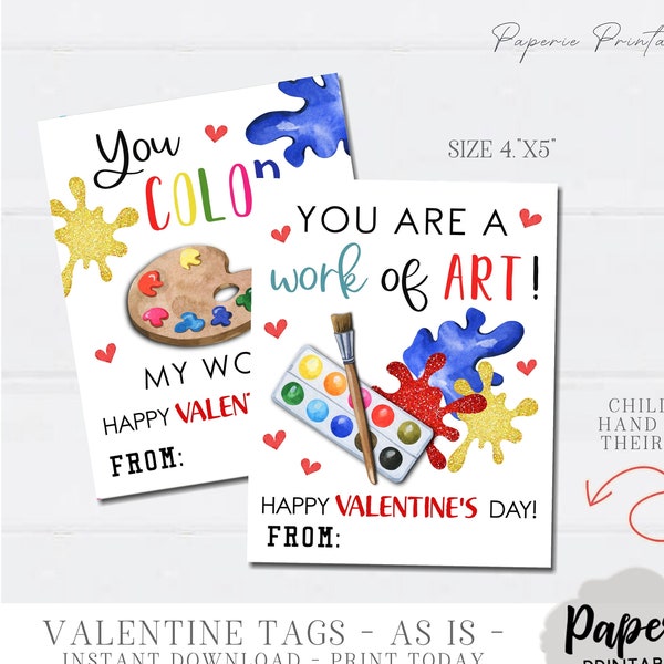 Paint Valentine Cards for Kids, Kids Valentine Cards, Painting Valentine Cards, Printable School Valentine, AS-IS, Instant Download #VT74