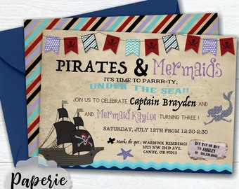 Pirate & Mermaid Birthday Party Invitation - Under the Sea Birthday Invitation - Pirate Birthday Invitation - Mermaid Birthday Invitation -