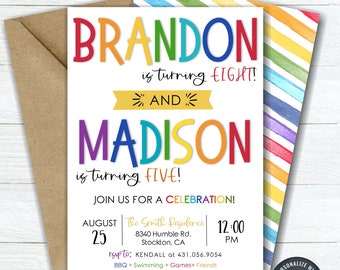 Editable Siblings Birthday Invitation: Rainbow Design (DIY w/Corjl) #BP174 #BP175