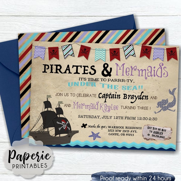 Pirate & Mermaid Birthday Party Invitation - Under the Sea Birthday Invitation - Pirate Birthday Invitation - Mermaid Birthday Invitation -