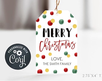 May include: White Christmas gift tag with red, green, and gold polka dots. The tag reads "MERRY CHRISTMAS" in black and red script, with "LOVE, THE SMITH FAMILY" below. The tag is 2.75" x 4" and is tied with twine.