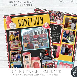 May include: A printable scrapbook layout template for a hometown fire department event. The template features a black background with photos of children and firefighters, a fire engine, and a fire station. The text "HOMETOWN" is in yellow letters on a red background. The text "DIY EDITABLE TEMPLATE" is in white letters on a red background. The text "INSTANT DOWNLOAD - EDIT & PRINT" is in white letters on a black background. The text "PERSONALIZE WITH CORYL" is in white letters on a red background.